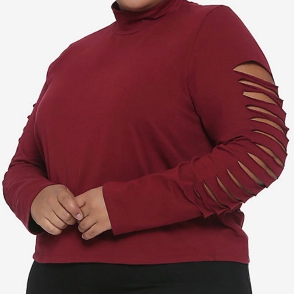 Burgundy Slashed Mock Neck Long-Sleeve Top Plus